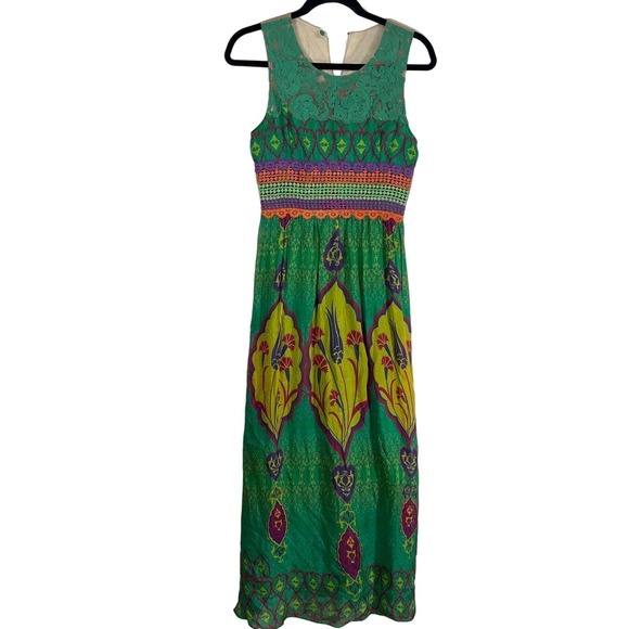 Hemant & Nandita Mintzita‎ Green Silk Maxi Dress Anthropologie Boho Embroidered - Picture 7 of 10